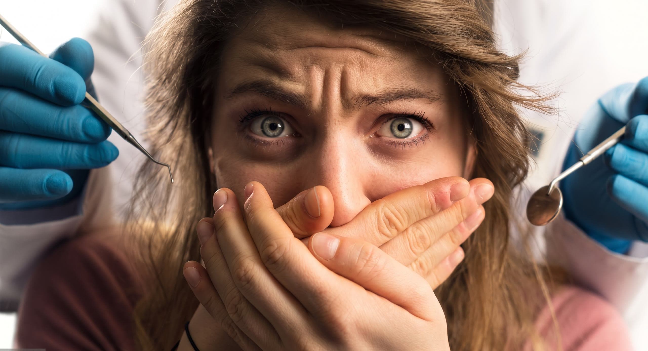 Paziente spaventata si copre la bocca con le mani mentre il dentista si avvicina con gli strumenti