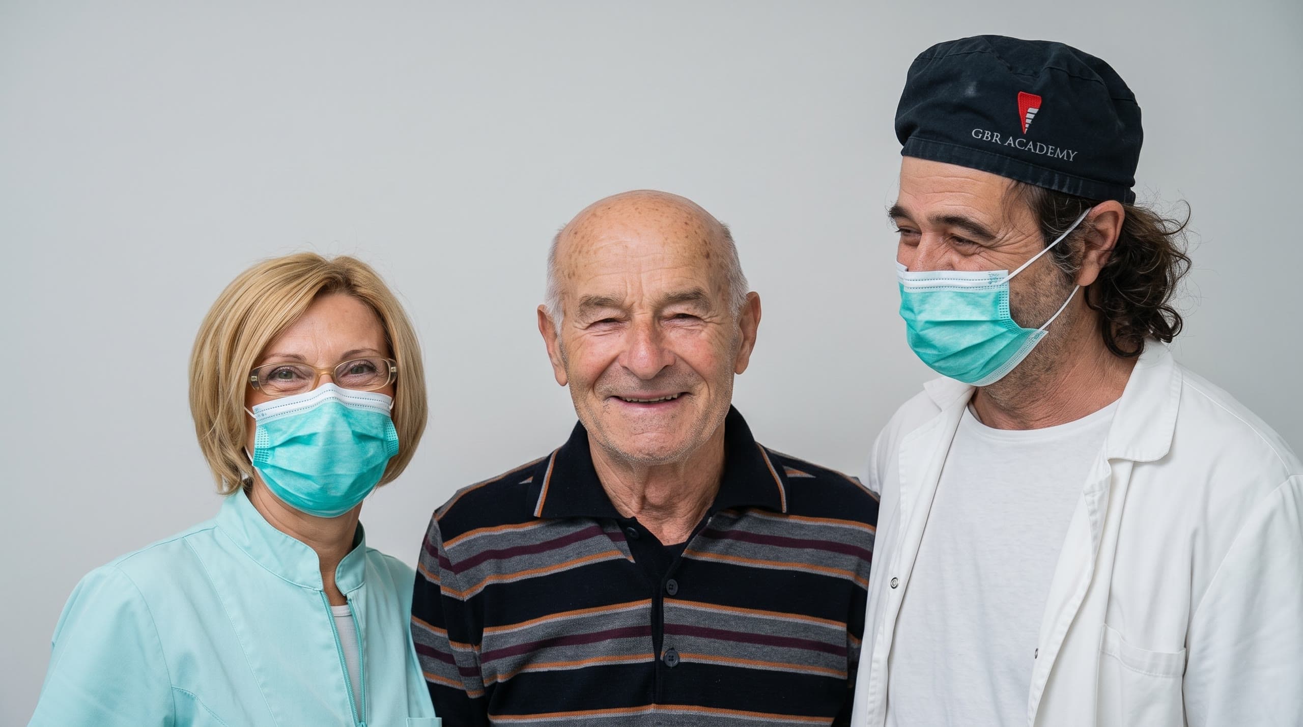 Un paziente sorride tra due professionisti dello Studio Monticelli