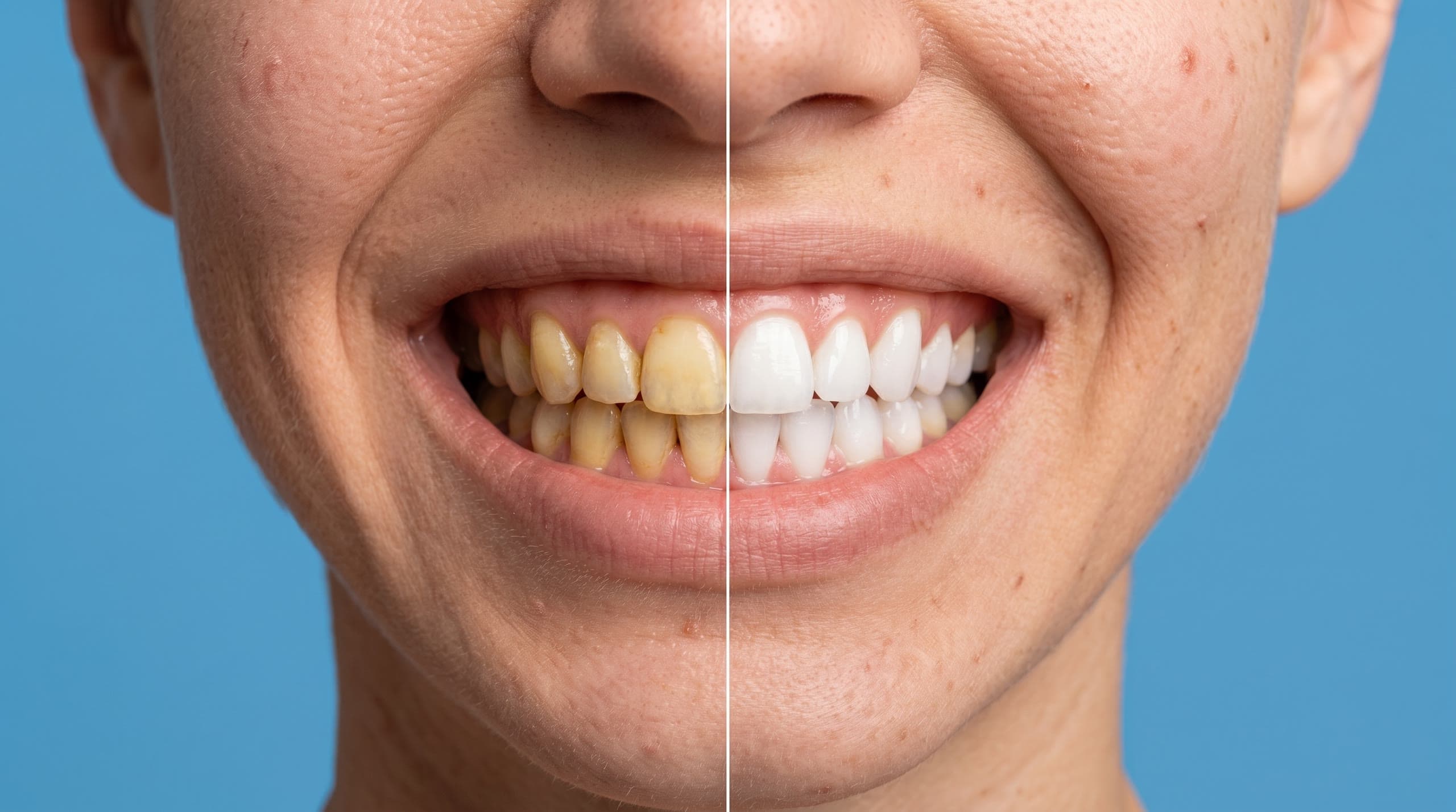 Sorriso diviso a metà: a sinistra i denti ingialliti, a destra gli stessi denti dopo il trattamento